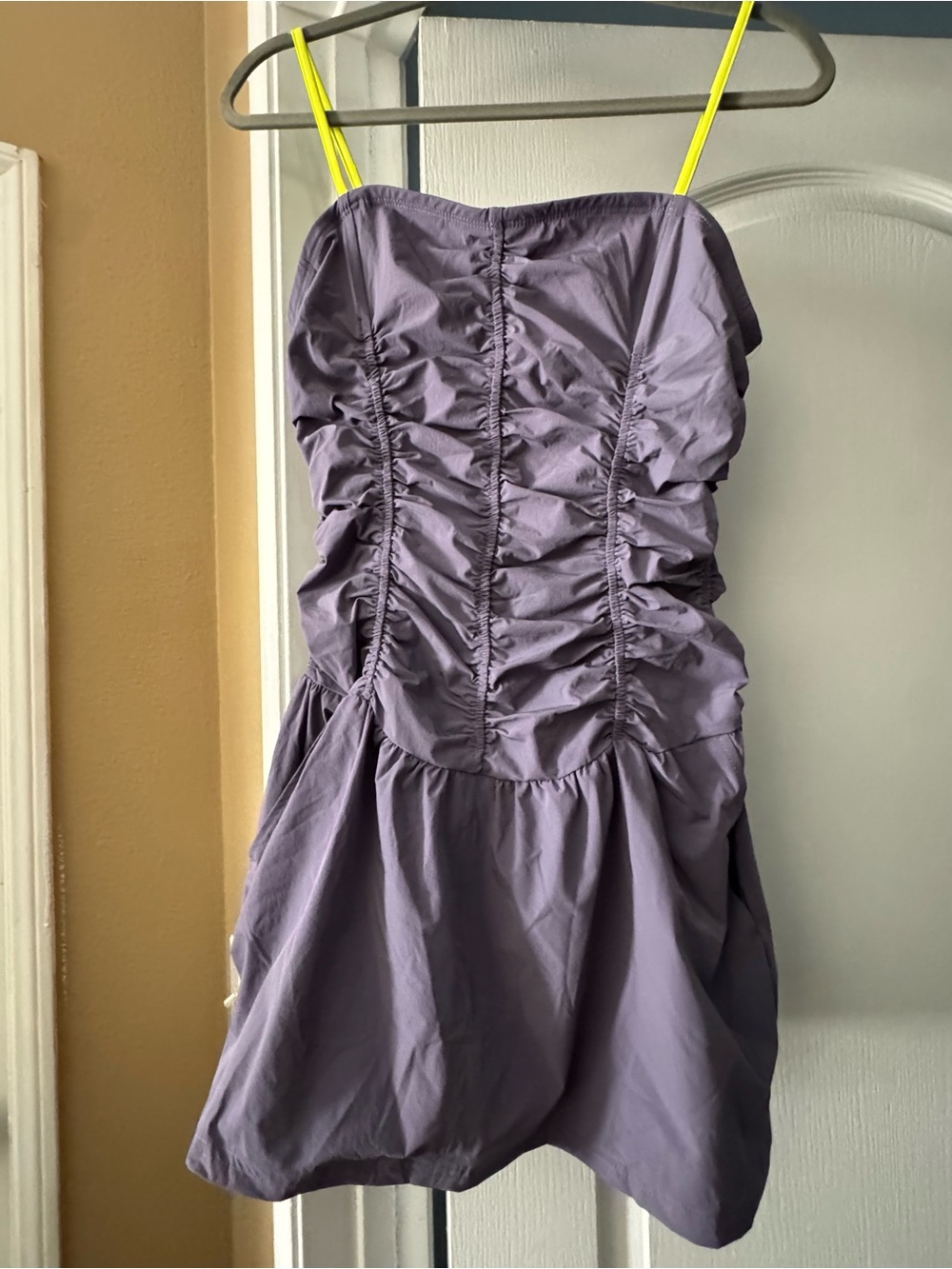 Ruched Lavender Mini Dress with Neon Straps